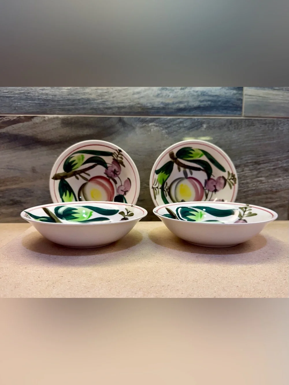 Hand-Painted Tropical Fruit Iron Stone Side Bowls set-4 Green Red Purple Yellow